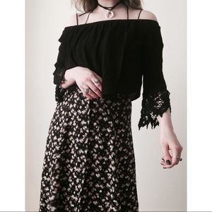 Black Crochet Bell Sleeve Peasant Crop Blouse Top